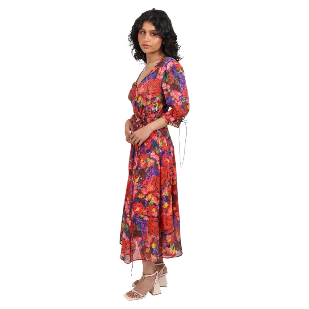 The Kooples Summer Night Red Floral-Print Silk Wrap Midi Dress - Picture 2 of 7